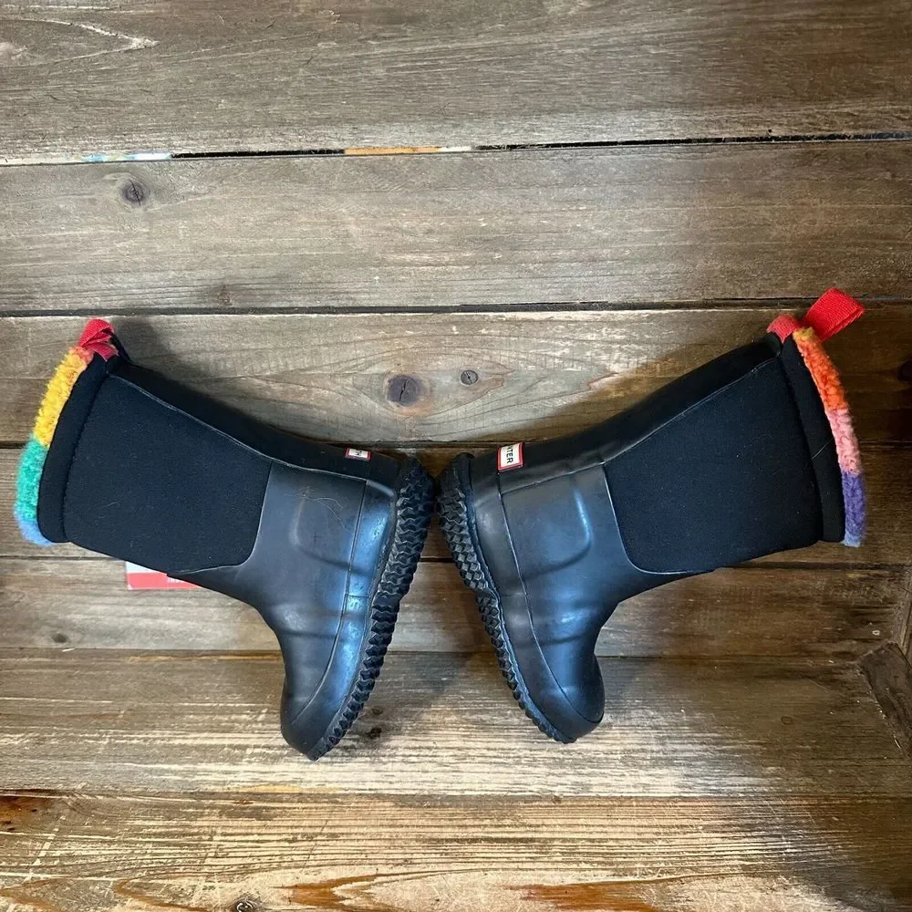 New Kids Hunter Black Rainbow‎ Sherpa Lined Rubber Snow Winter Boots Size 7 C